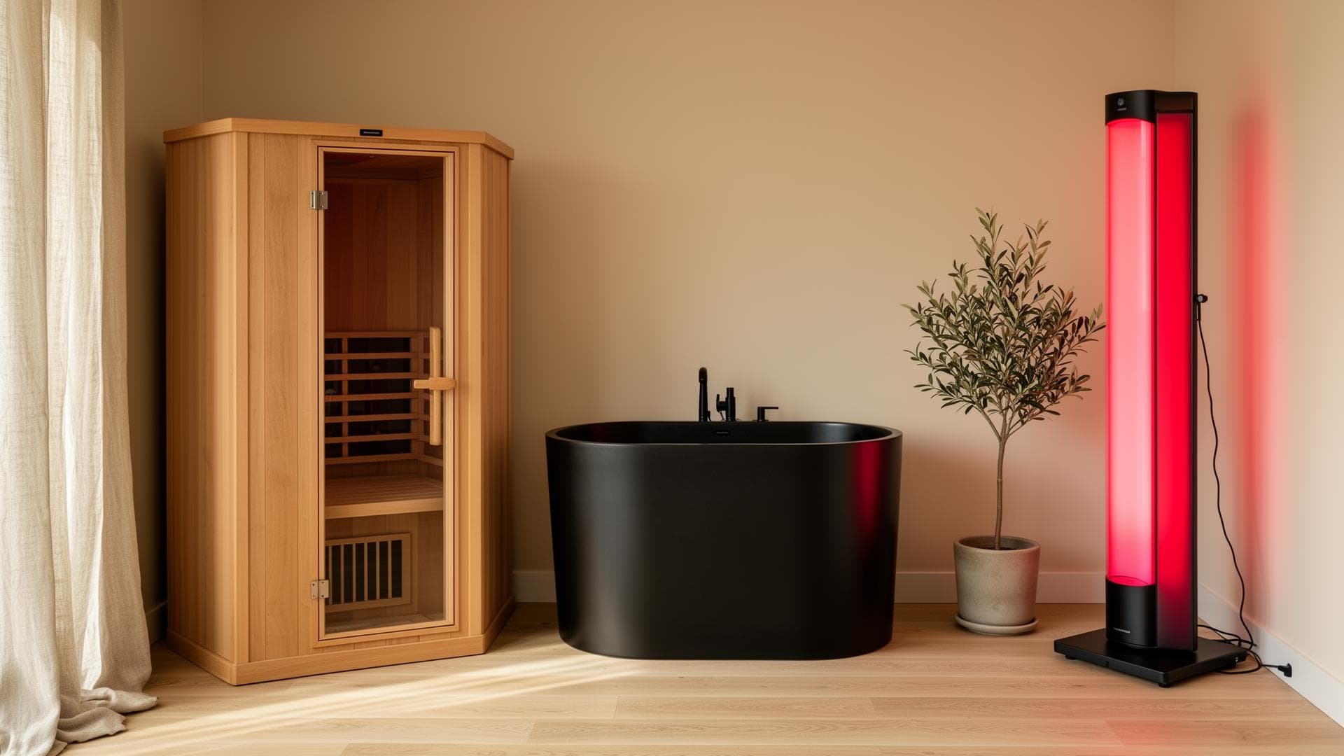 A calm home wellness corner with infrared sauna, cold plunge tub and red light therapy panel